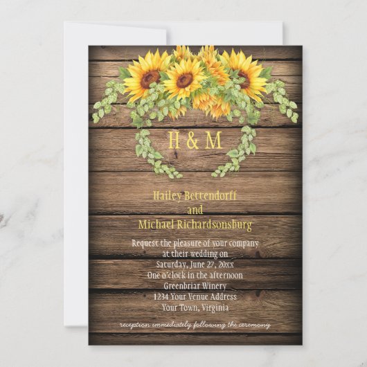 Rustieke schuur hout zonnebloemen krans gewei brui kaart (Voorkant)