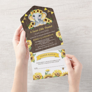 Rustieke schuur hout zonnebloemen olifant baby sho all in one uitnodiging