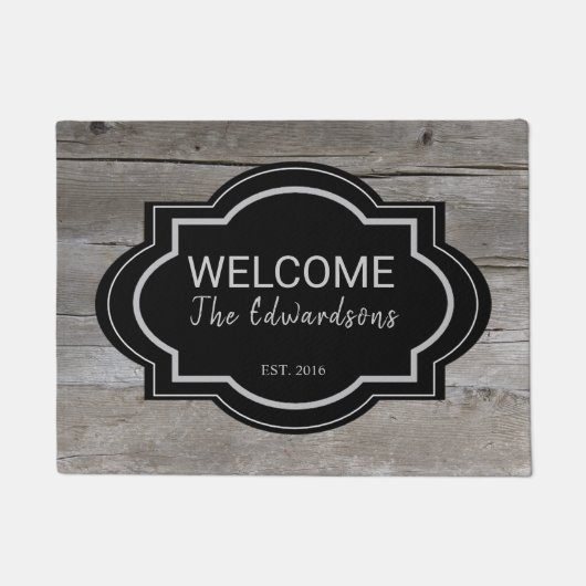 Rustieke schuur hout zwart welkom familienaam deurmat (Voorkant)
