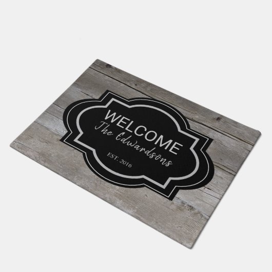 Rustieke schuur hout zwart welkom familienaam deurmat (Schuin)