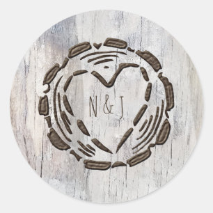 Rustieke Schuur Houten Boomstomp Hart Trouwgunst Ronde Sticker