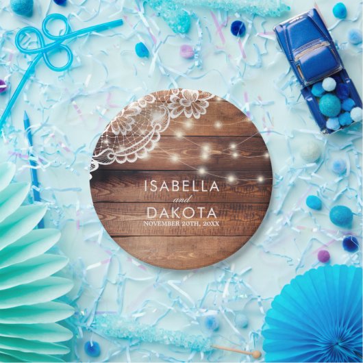 Rustieke Schuur Houten Kant & String Lights Bruilo Papieren Bordje (Feest)