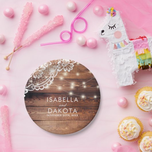 Rustieke Schuur Houten Kant & String Lights Bruilo Papieren Bordje (Feest)