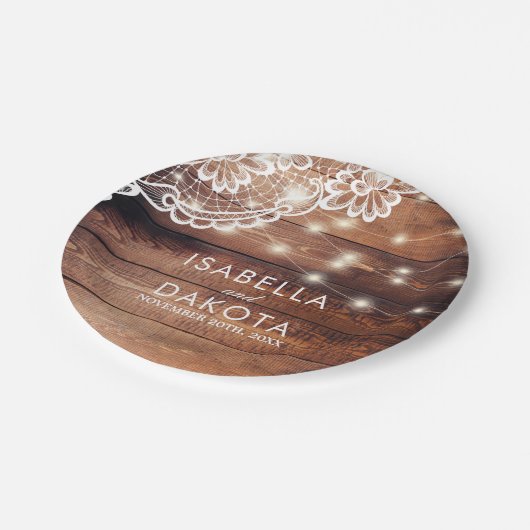 Rustieke Schuur Houten Kant & String Lights Bruilo Papieren Bordje (Gekanteld)