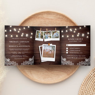 Rustieke schuur houten lint slingerlichten foto br drieluik uitnodiging