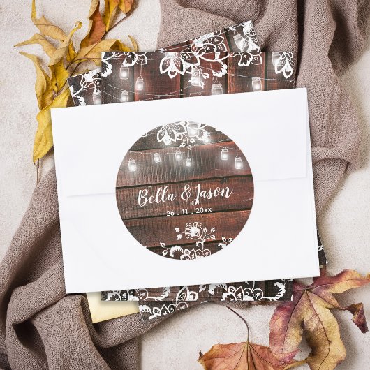 Rustieke schuur houten lintslingers bruiloft ronde sticker