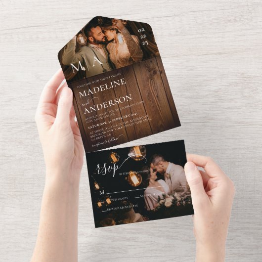 Rustieke schuur houten monogram 2 foto RSVP-huweli All In One Uitnodiging (Afscheurbaar)
