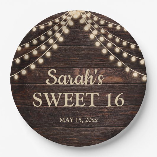 Rustieke schuur houten slingerlichten Sweet 16 naa Papieren Bordje (Voorkant)
