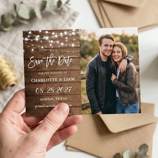 Rustieke schuur houten slingerlichten trouwfoto save the date