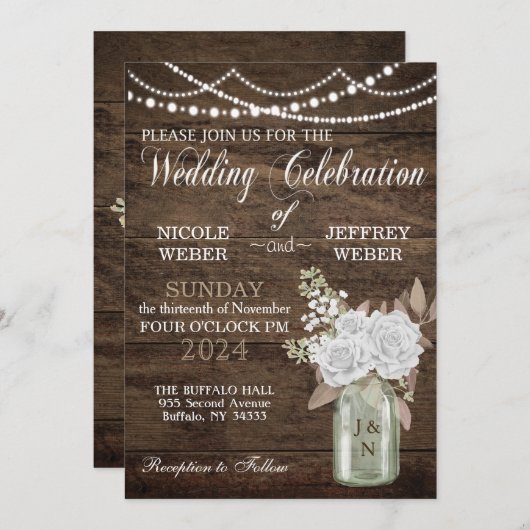 Rustieke schuur Huwelijk Hout Mason Jar Floral Kaart (Voorkant / Achterkant)