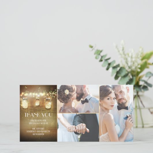 Rustieke schuur lichten Mason Jar bruiloft dank u Bedankkaart (Staand voorkant)