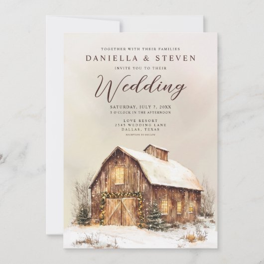 Rustieke schuur met winter sneeuw bruiloft kaart (Voorkant)