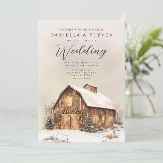 Rustieke schuur met winter sneeuw bruiloft kaart (Staand voorkant)