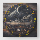 Rustieke Schuur Night Sky Wood Carving Art Vierkante Klok (Voorkant)