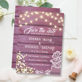 Rustieke schuur Paarse houten String Lights & Lace Save The Date