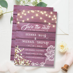 Rustieke schuur Paarse houten String Lights & Lace Save The Date
