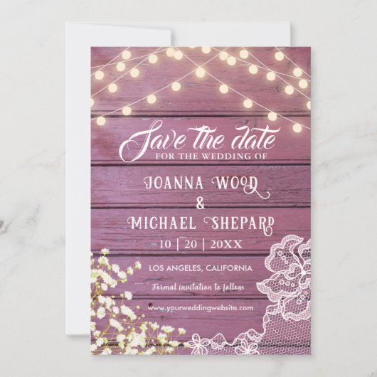 Rustieke schuur Paarse houten String Lights & Lace Save The Date (Voorkant)