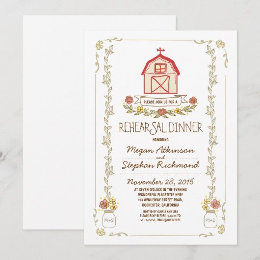 Rustieke schuur repetitie diner uitnodigingen (Voorkant / Achterkant)