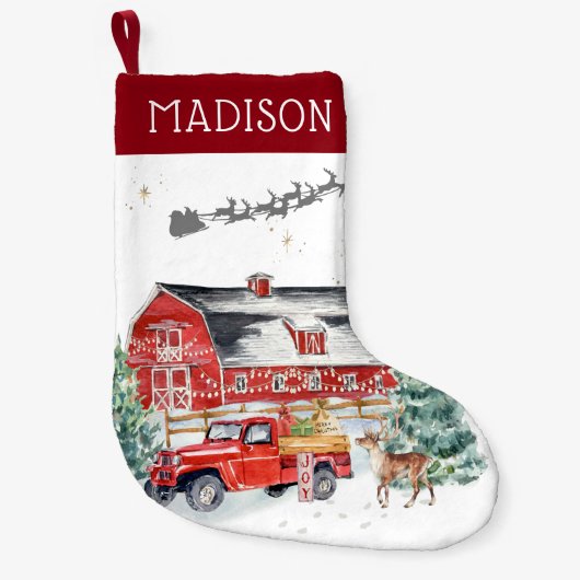 Rustieke schuur  rode boerderij vrachtwagen Monogr Kleine Kerstsok (Voorkant)