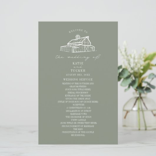 Rustieke schuur Sage Groen Boerderij Trouwprogramm (Staand voorkant)