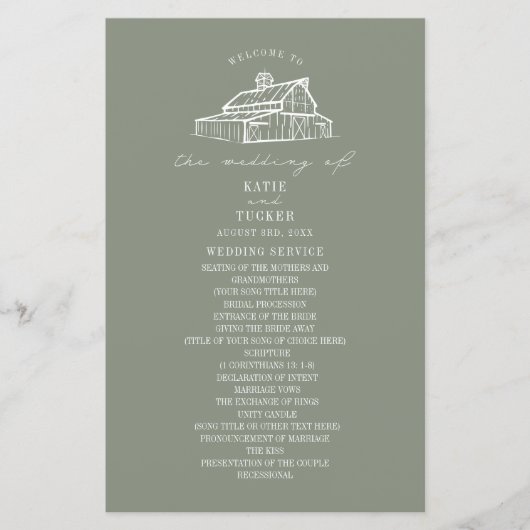 Rustieke schuur Sage Groen Boerderij Trouwprogramm (Voorkant)