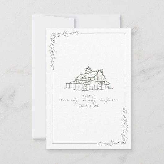 Rustieke schuur Sage Groen Wit Bruiloft RSVP (Voorkant)