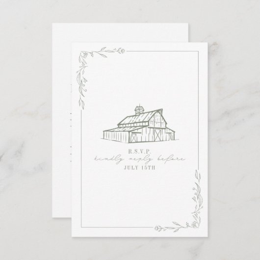 Rustieke schuur Sage Groen Wit Bruiloft RSVP (Voorkant / Achterkant)