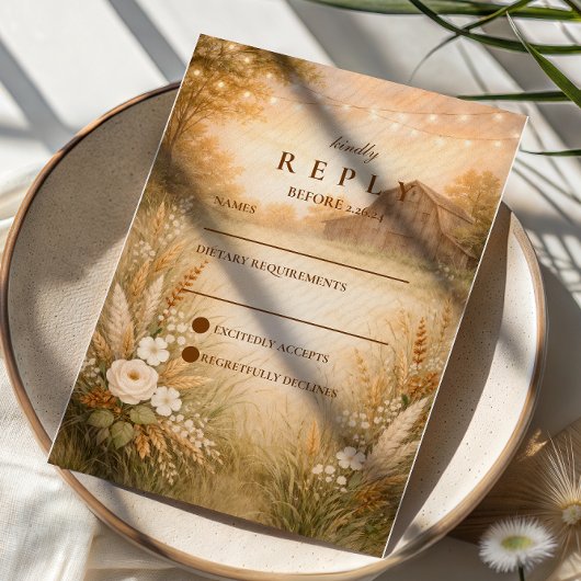 Rustieke schuur weide slingerlichten bruiloft RSVP kaartje