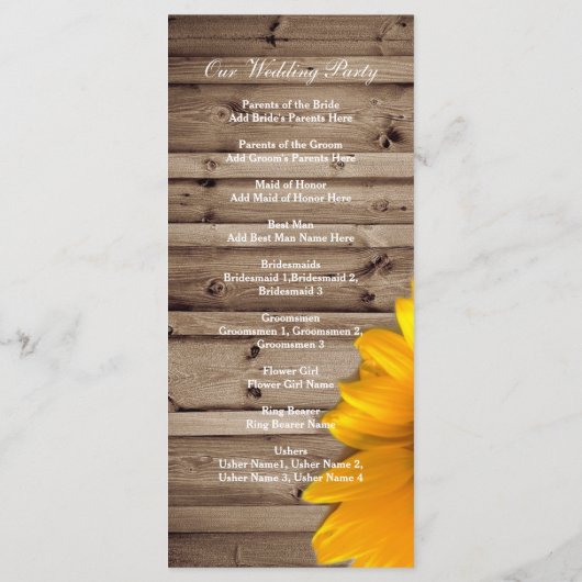 Rustieke schuur Zonnebloem Country Wedding Program Programmakaart (Achterkant)