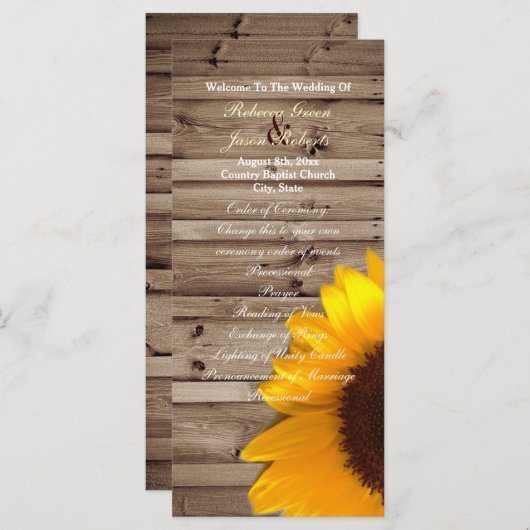 Rustieke schuur Zonnebloem Country Wedding Program Programmakaart (Voorkant / Achterkant)