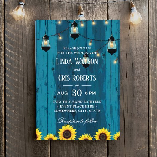 Rustieke Schuur Zonnebloemen String Lights Wedding Kaart