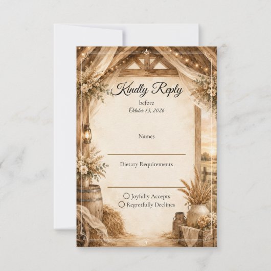 Rustieke schuurhuwelijk RSVP kaartje (Voorkant)
