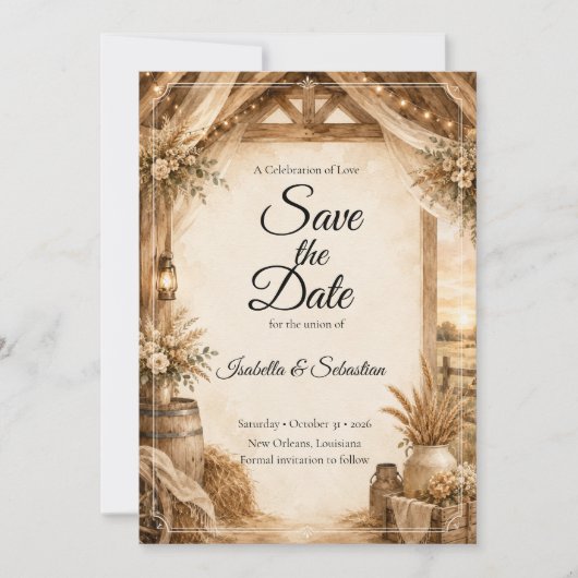 Rustieke schuurhuwelijk save the date (Voorkant)