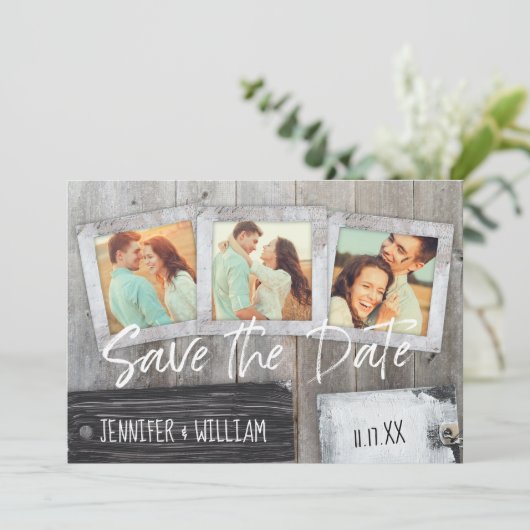 Rustieke Scrapbook Fotocollage Sla de datum op STD Kaart (Staand voorkant)