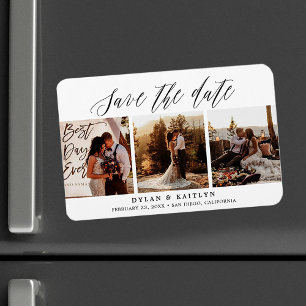 Rustieke Script Drie Foto's Save the Date 4x6 Magneet