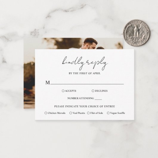 Rustieke Script Foto Moderne bruiloft Mini RSVP-ka Notitiekaartje (Voorkant / Achterkant in situ)