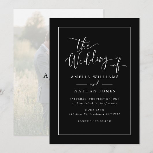 Rustieke Script Foto Zwart Wit Huwelijk Kaart (Voorkant / Achterkant)