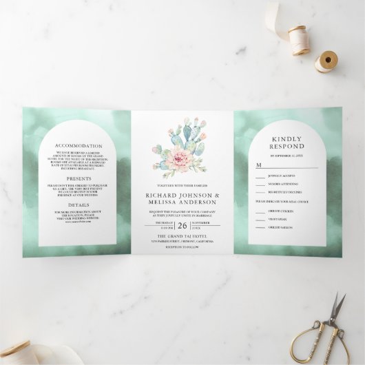 Rustieke Seafoam Arch Woestijn Bloemen Cactus Brui Drieluik Uitnodiging (Binnen)