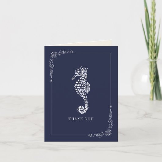 Rustieke Seahorse Donkerblauw Strand Bruiloft Bedankkaart (Voorkant)