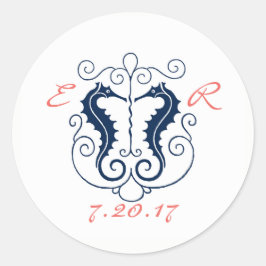 Rustieke Seahorse Favor Stickers- Navy + Koraal Ronde Sticker