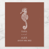 Rustieke Seahorse Line Art Terracotta Bruiloft Wijn Etiket (Enkel label)