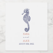 Rustieke Seahorse Red & Blue Beach Bruiloft Wijn Etiket (Enkel label)