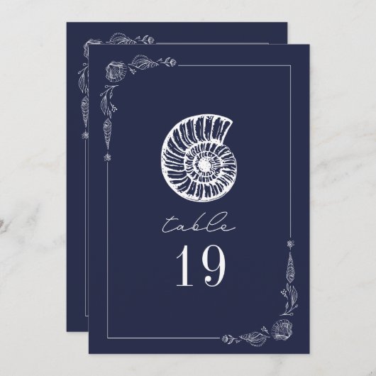 Rustieke Seasnail Donkerblauwe Trouwtafel nummer Kaart (Voorkant / Achterkant)