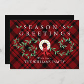 Rustieke seizoensgroeten krans rood ruitjes famili feestdagenkaart (Voorkant / Achterkant)