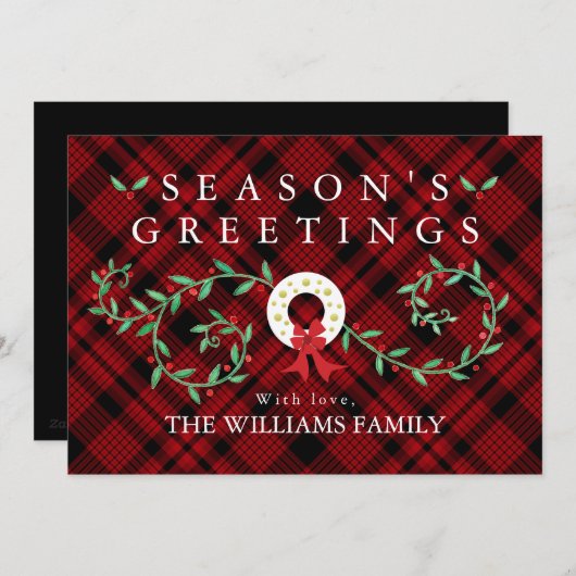 Rustieke seizoensgroeten krans rood ruitjes famili feestdagenkaart (Voorkant / Achterkant)