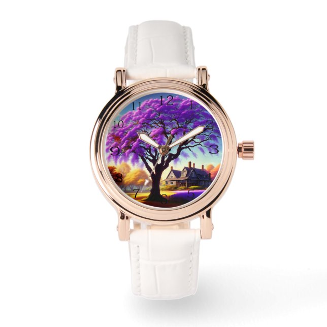 **"Rustieke Sereniteit: De Paarse Jacaranda's Omar Horloge (Voorkant)