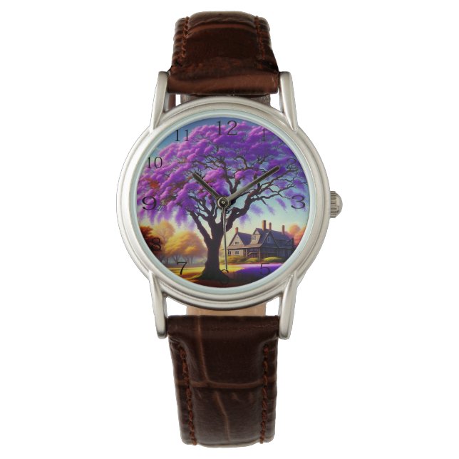**"Rustieke sereniteit: de Paarse Jacaranda's omhe Horloge (Voorkant)