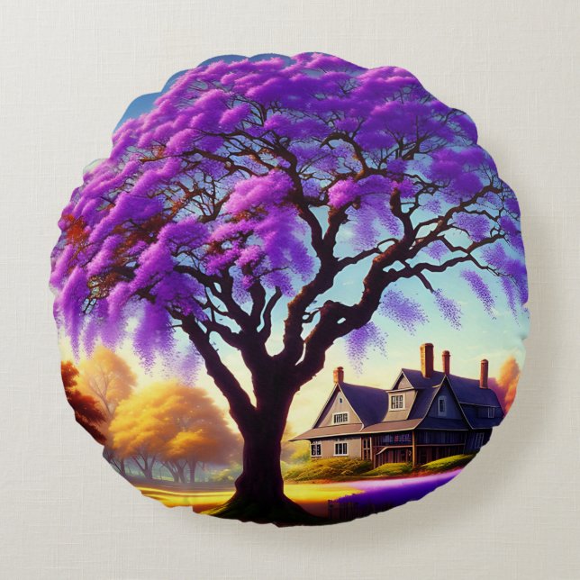 **"Rustieke sereniteit: de Paarse Jacaranda's omhe Rond Kussen (Voorkant)