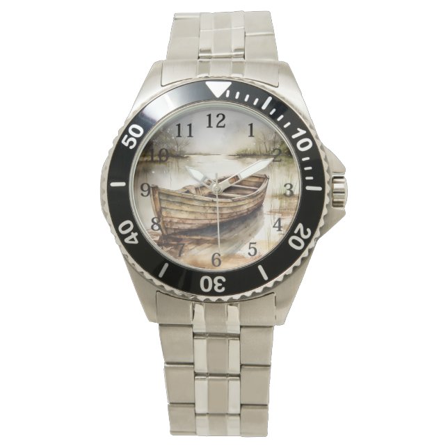 Rustieke sereniteit: Verweerde houten roeiboot Horloge (Voorkant)