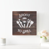 Rustieke 'Shoot To Grill' - Grappig BBQ-cadeau Vierkante Klok (Huis)